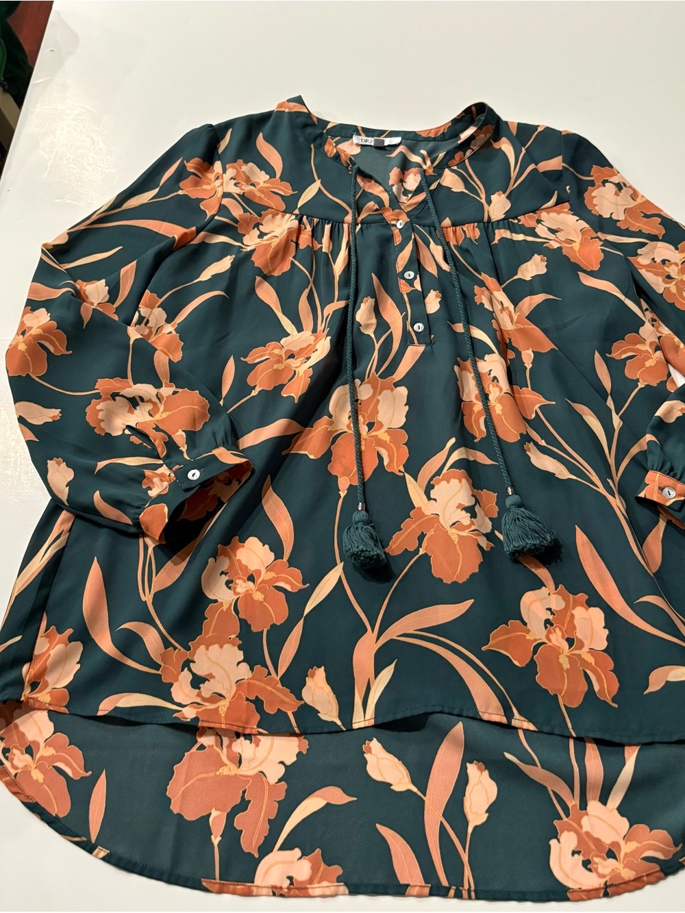 Floral Tassel Blouse - Deep Teal with Rust Floral, Size Large